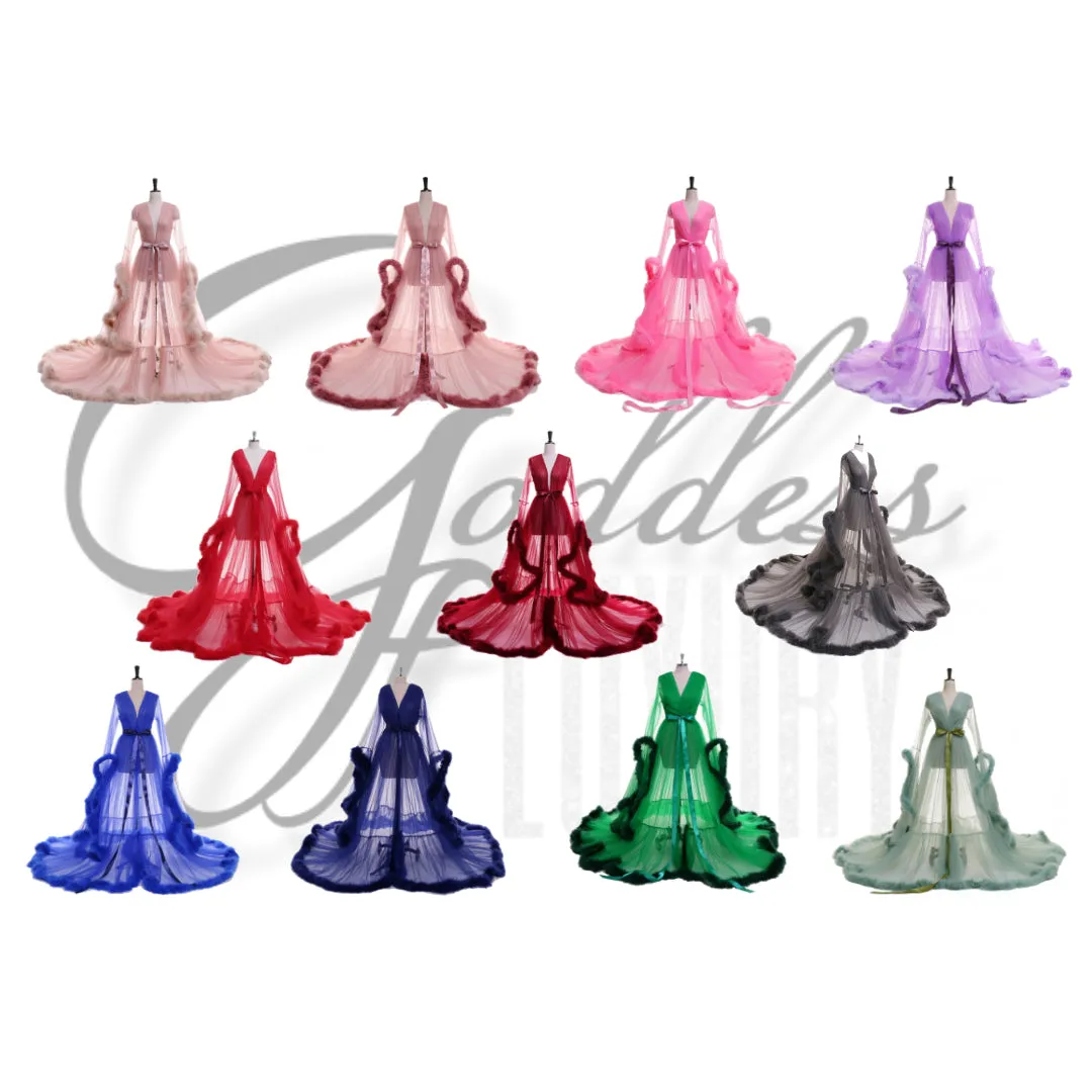 "Dream Come True" (100  Colors) Long Sheer Tulle Marabou Feather Grand Luxury Robe