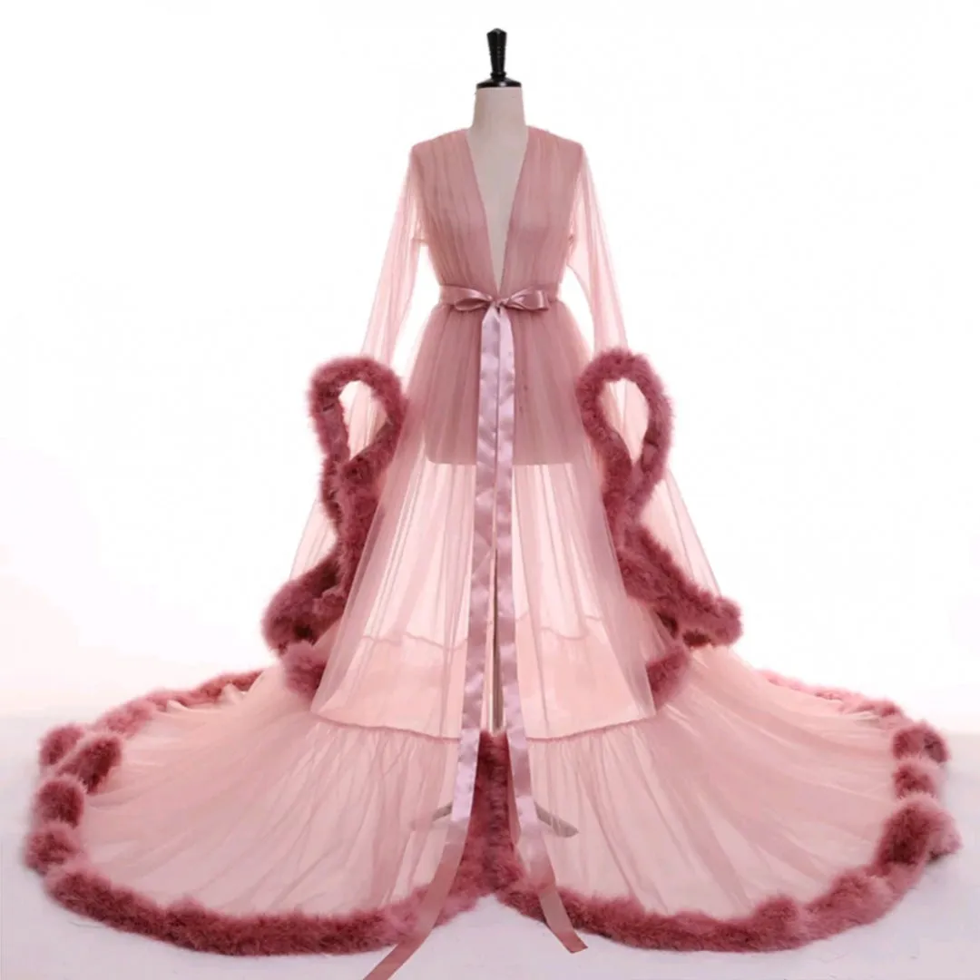 "Dream Come True" (100  Colors) Long Sheer Tulle Marabou Feather Grand Luxury Robe