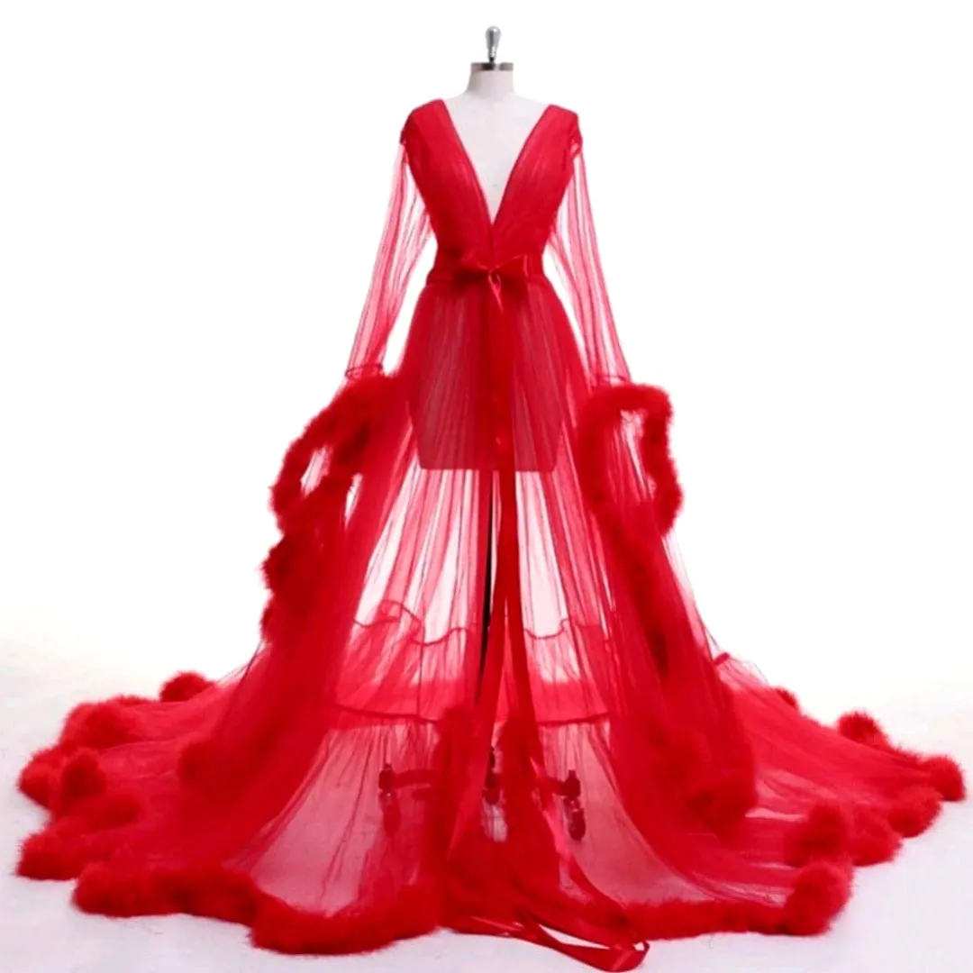 "Dream Come True" (100  Colors) Long Sheer Tulle Marabou Feather Grand Luxury Robe
