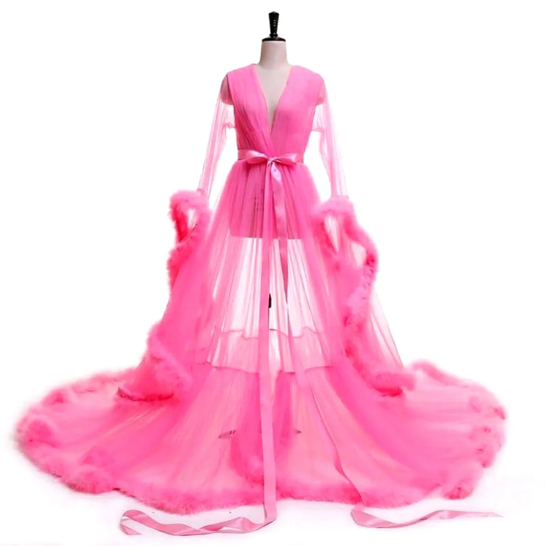 "Dream Come True" (100  Colors) Long Sheer Tulle Marabou Feather Grand Luxury Robe