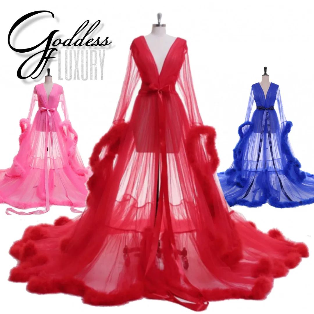 "Dream Come True" (100  Colors) Long Sheer Tulle Marabou Feather Grand Luxury Robe