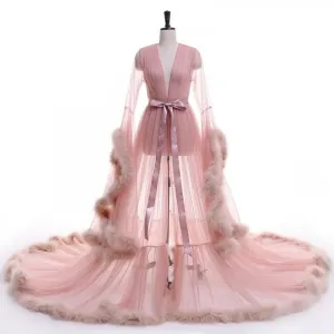 "Dream Come True" Blush Pink Long Sheer Tulle Marabou Feather Grand Luxury Robe