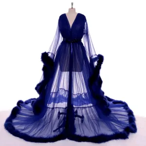 "Dream Come True" Dark Blue Long Sheer Tulle Marabou Feather Grand Luxury Robe