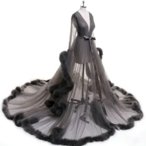 "Dream Come True" Gray Long Sheer Tulle Marabou Feather Grand Luxury Robe