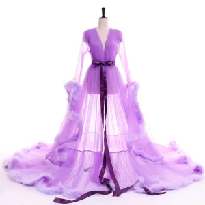 "Dream Come True" Lavender Long Sheer Tulle Marabou Feather Grand Luxury Robe