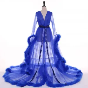 "Dream Come True" Royal Blue Long Sheer Tulle Marabou Feather Grand Luxury Robe