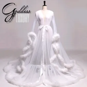 "Dream Come True" White Long Sheer Tulle Marabou Feather Grand Luxury Robe