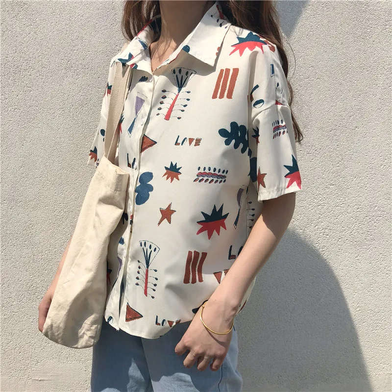 "GEOMETRIC CARTOON LOVE PRINTED SHORT-SLEEVED" SHIRT D052905