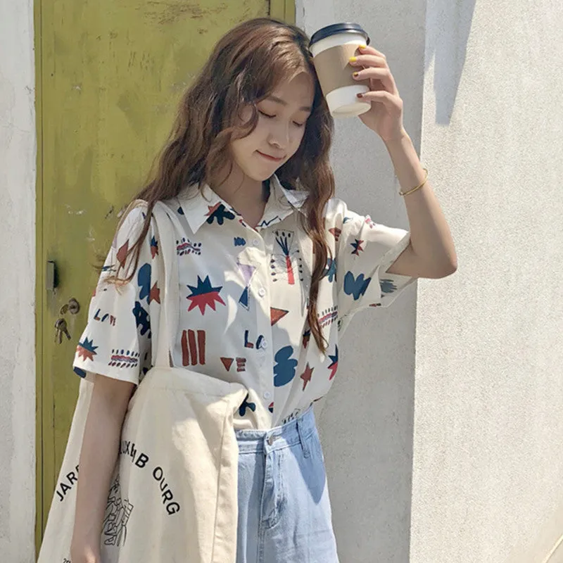 "GEOMETRIC CARTOON LOVE PRINTED SHORT-SLEEVED" SHIRT D052905