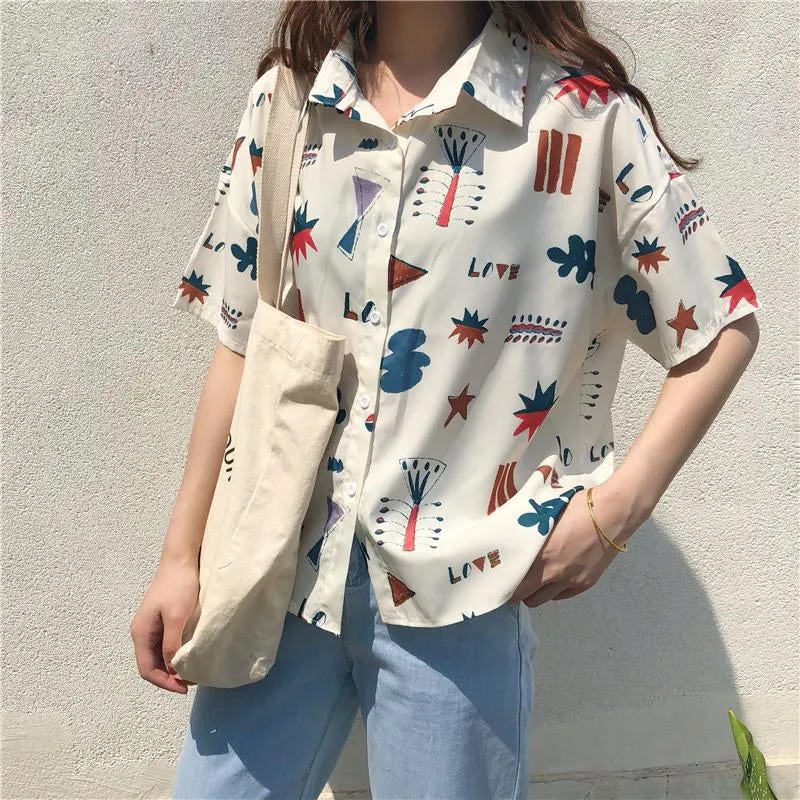 "GEOMETRIC CARTOON LOVE PRINTED SHORT-SLEEVED" SHIRT D052905
