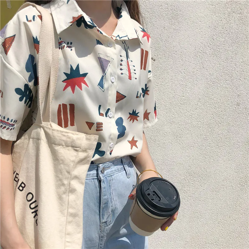 "GEOMETRIC CARTOON LOVE PRINTED SHORT-SLEEVED" SHIRT D052905
