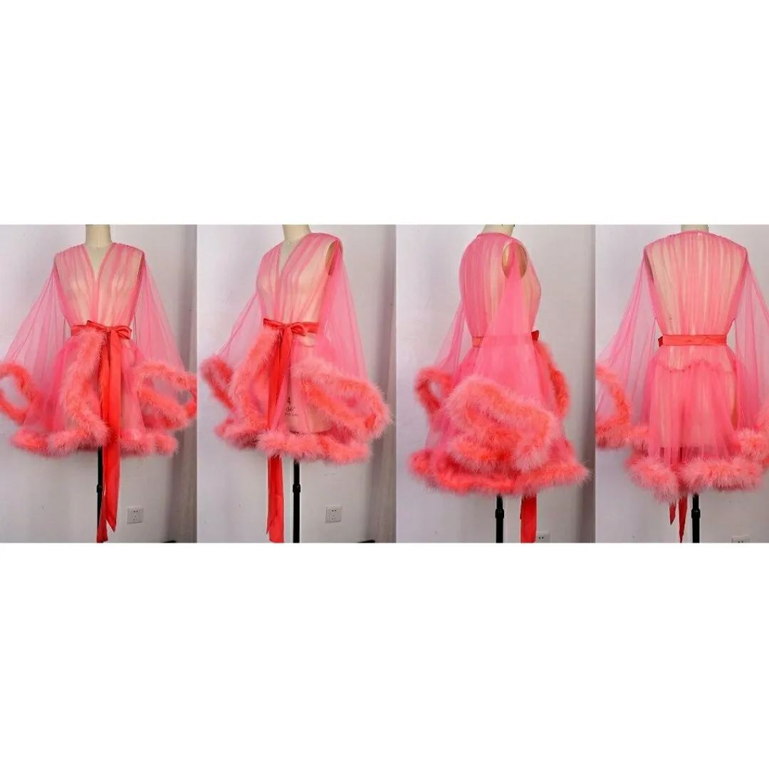 "Night In" (15  Colors) Sheer Mini Fluffy Feather Robe
