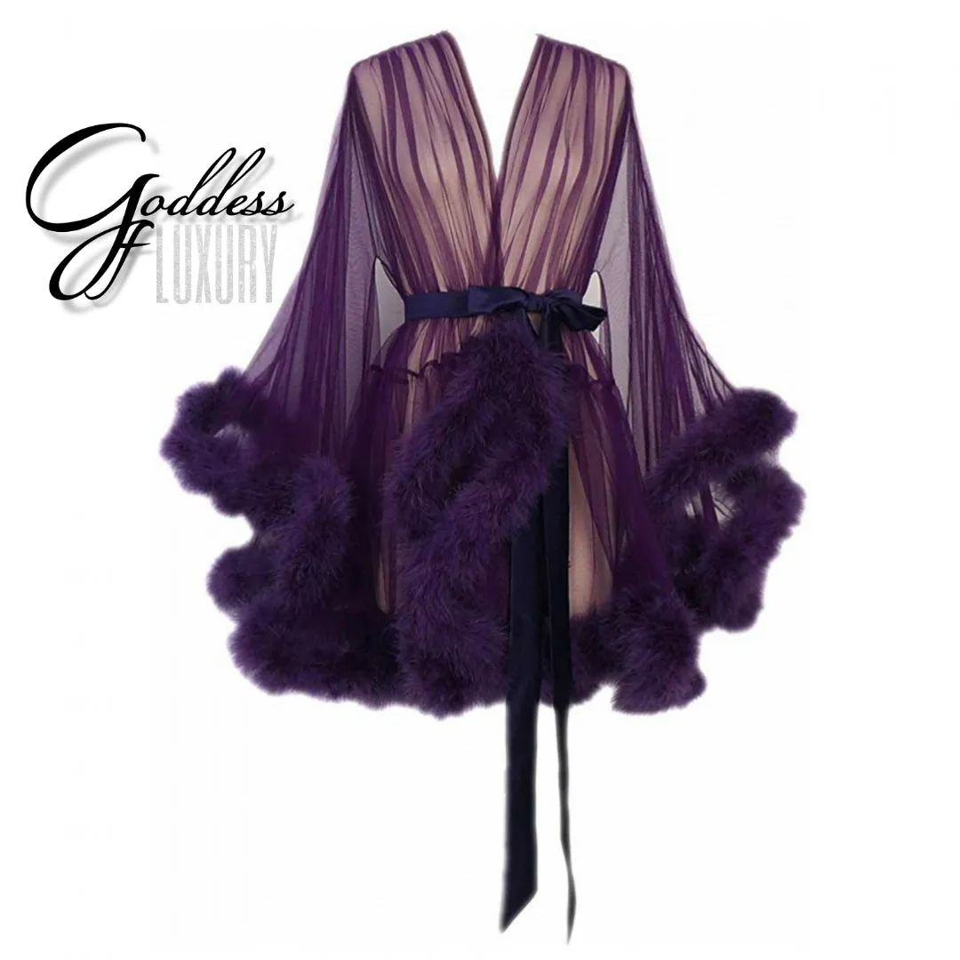 "Night In" (15  Colors) Sheer Mini Fluffy Feather Robe