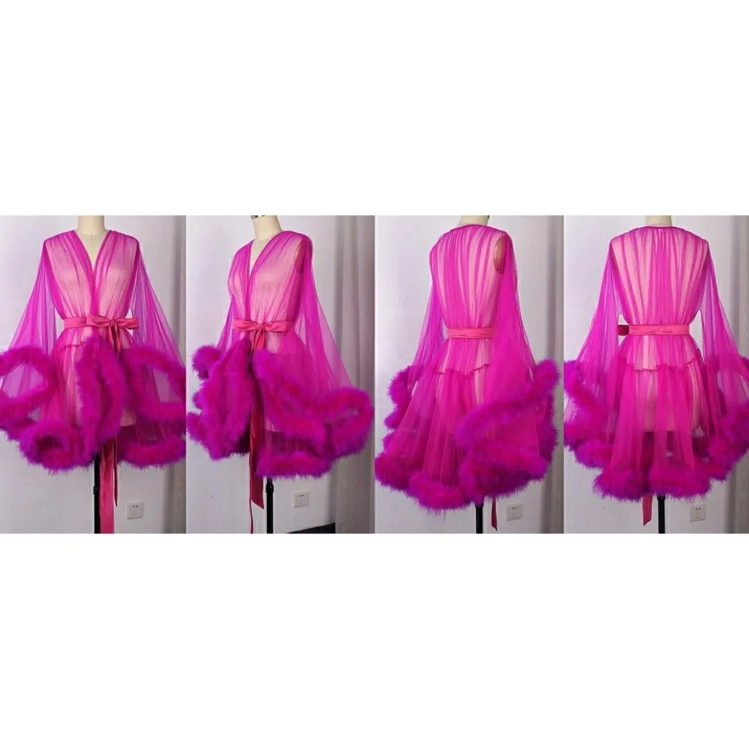"Night In" (15  Colors) Sheer Mini Fluffy Feather Robe