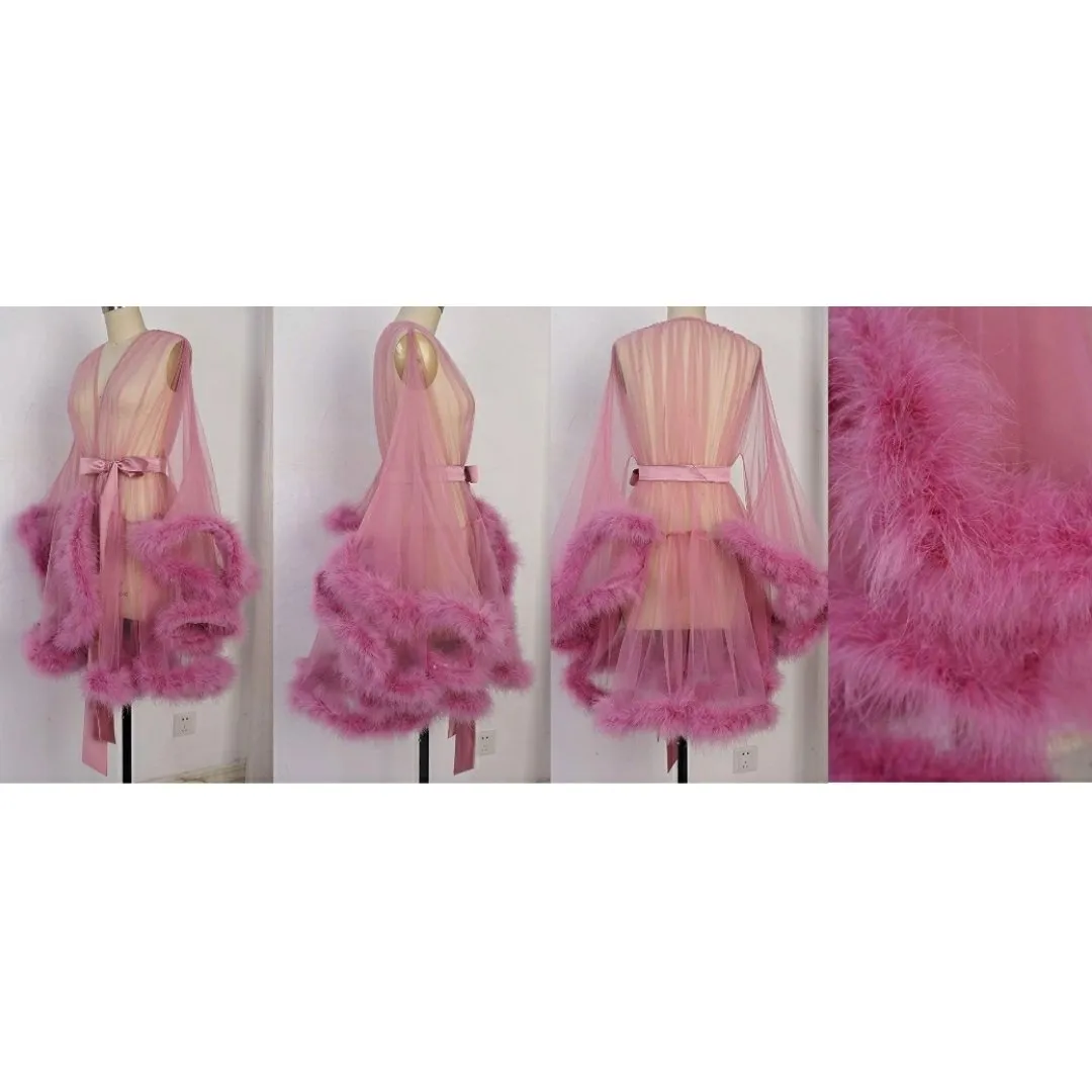 "Night In" (15  Colors) Sheer Mini Fluffy Feather Robe