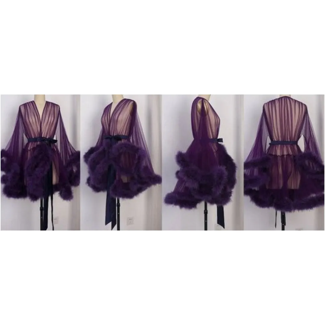"Night In" (15  Colors) Sheer Mini Fluffy Feather Robe