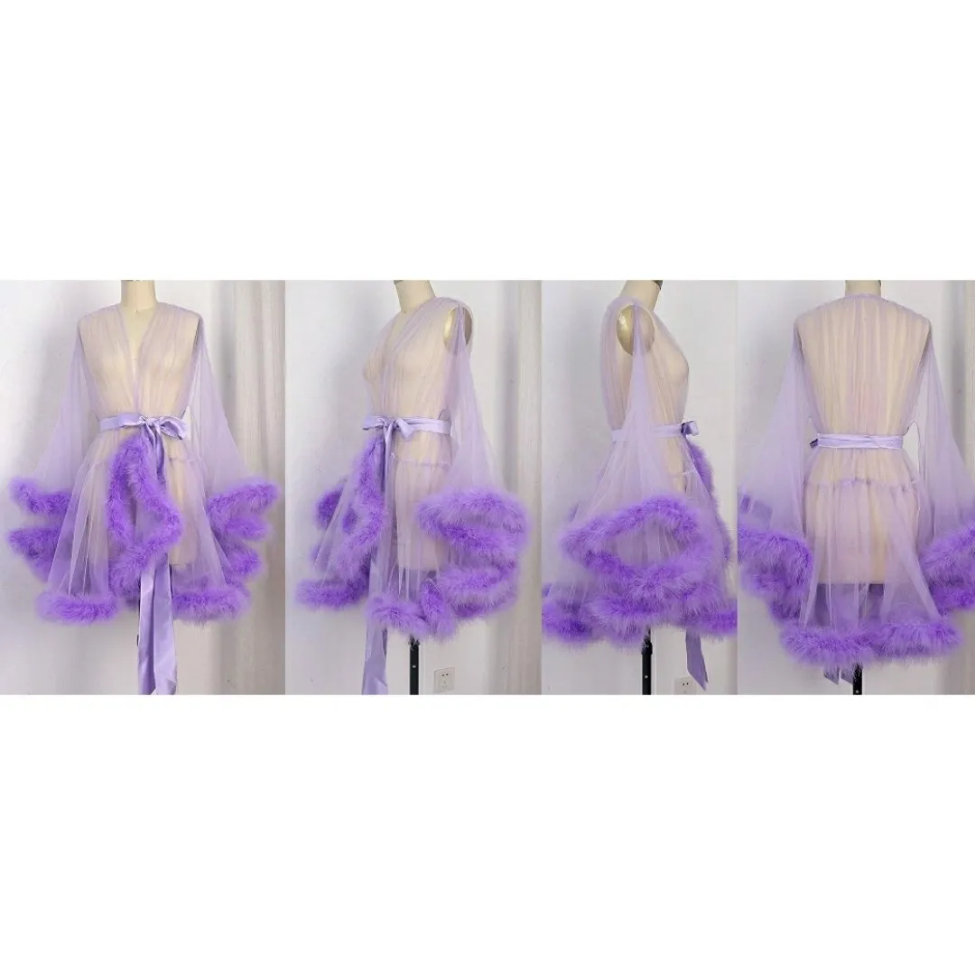 "Night In" (15  Colors) Sheer Mini Fluffy Feather Robe