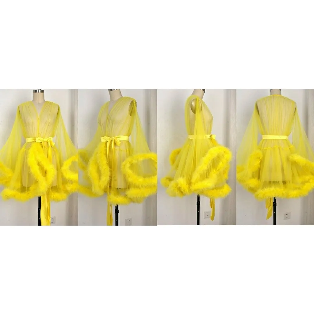 "Night In" (15  Colors) Sheer Mini Fluffy Feather Robe