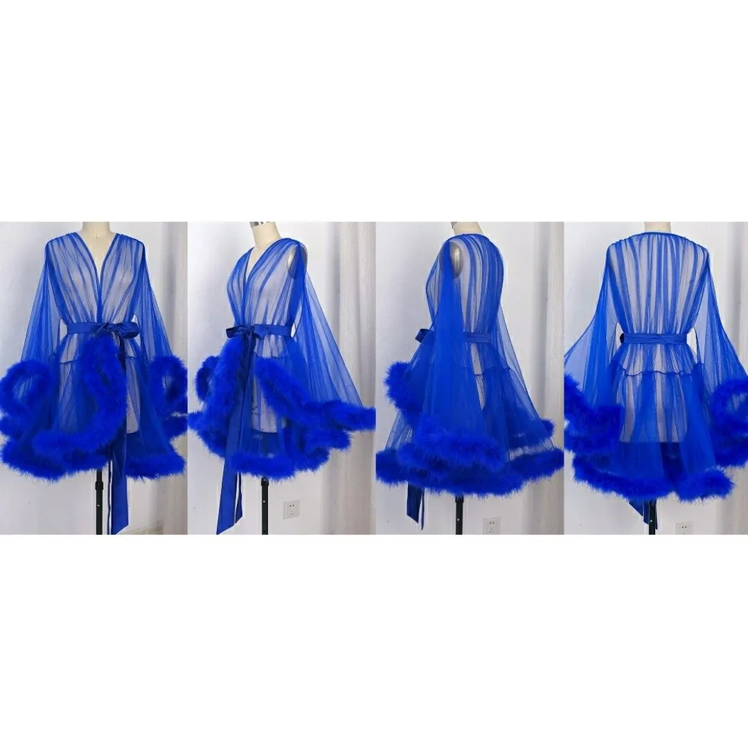 "Night In" (15  Colors) Sheer Mini Fluffy Feather Robe