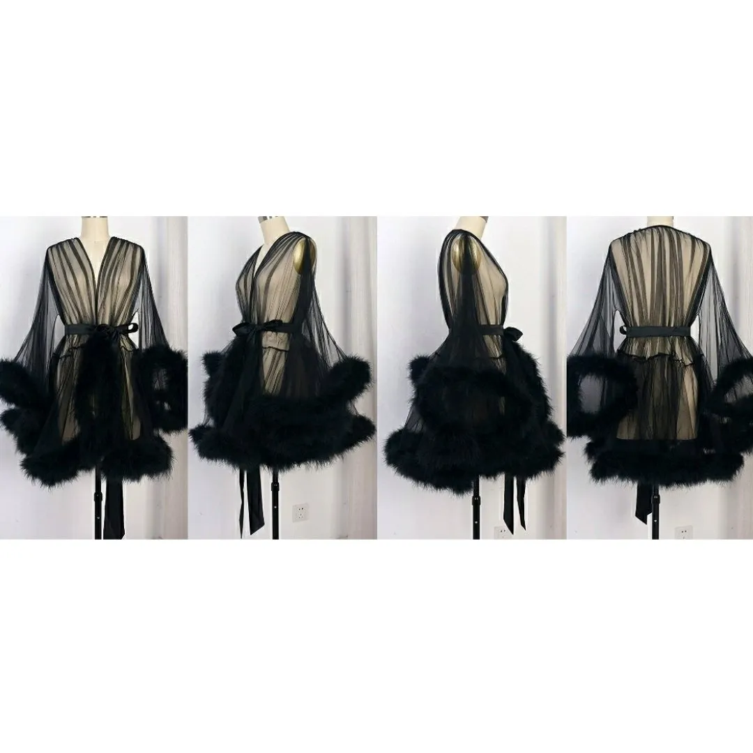 "Night In" (15  Colors) Sheer Mini Fluffy Feather Robe