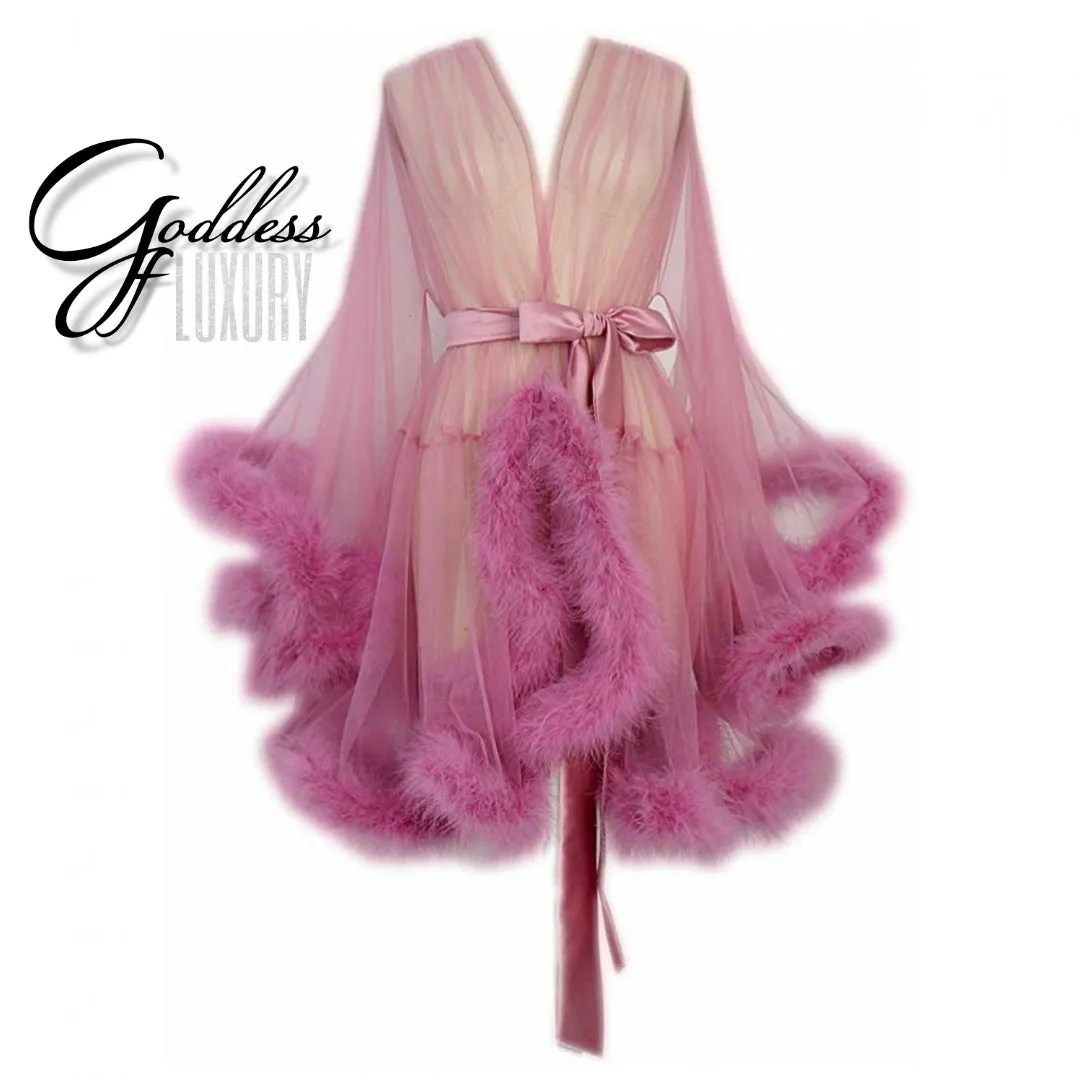 "Night In" (15  Colors) Sheer Mini Fluffy Feather Robe
