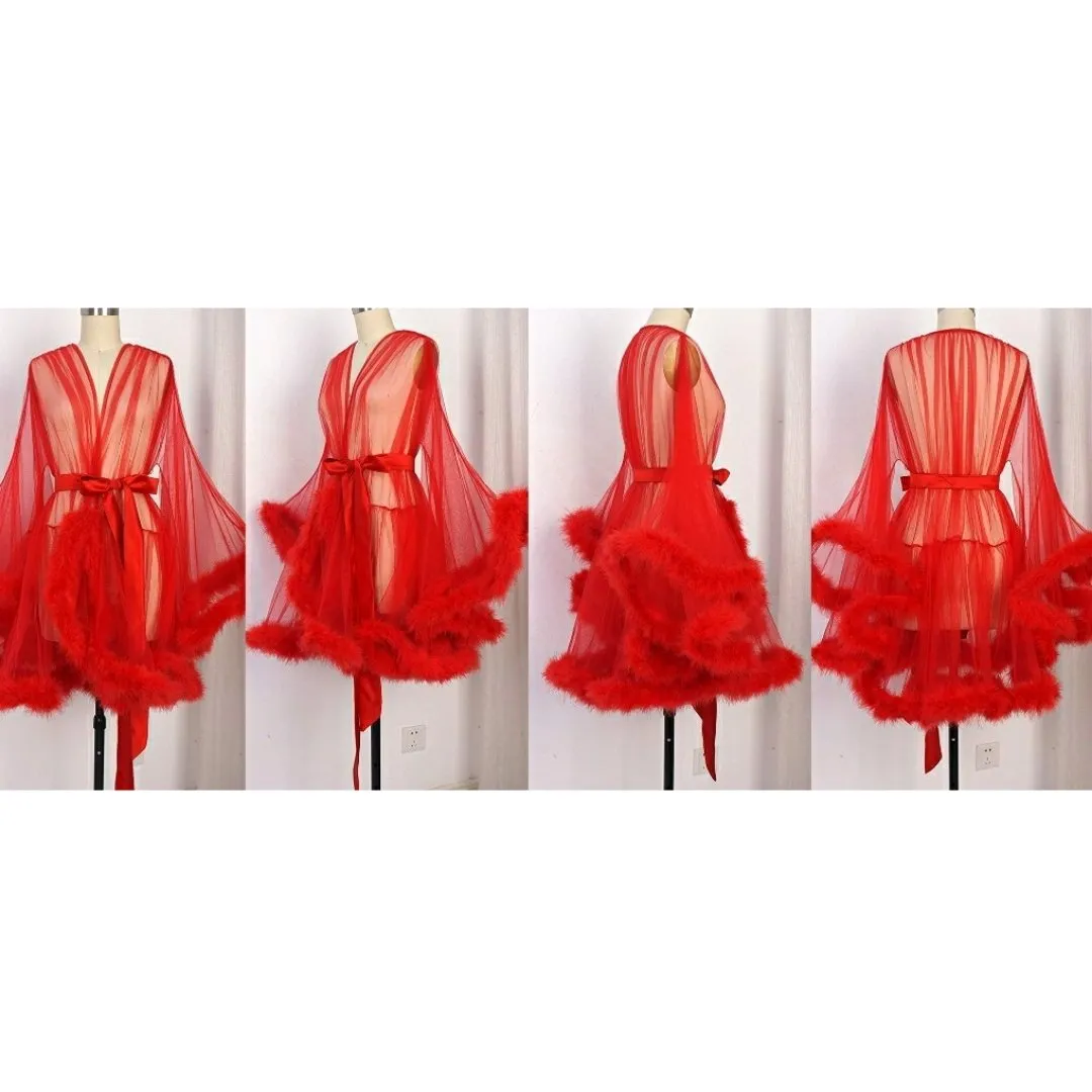 "Night In" (15  Colors) Sheer Mini Fluffy Feather Robe