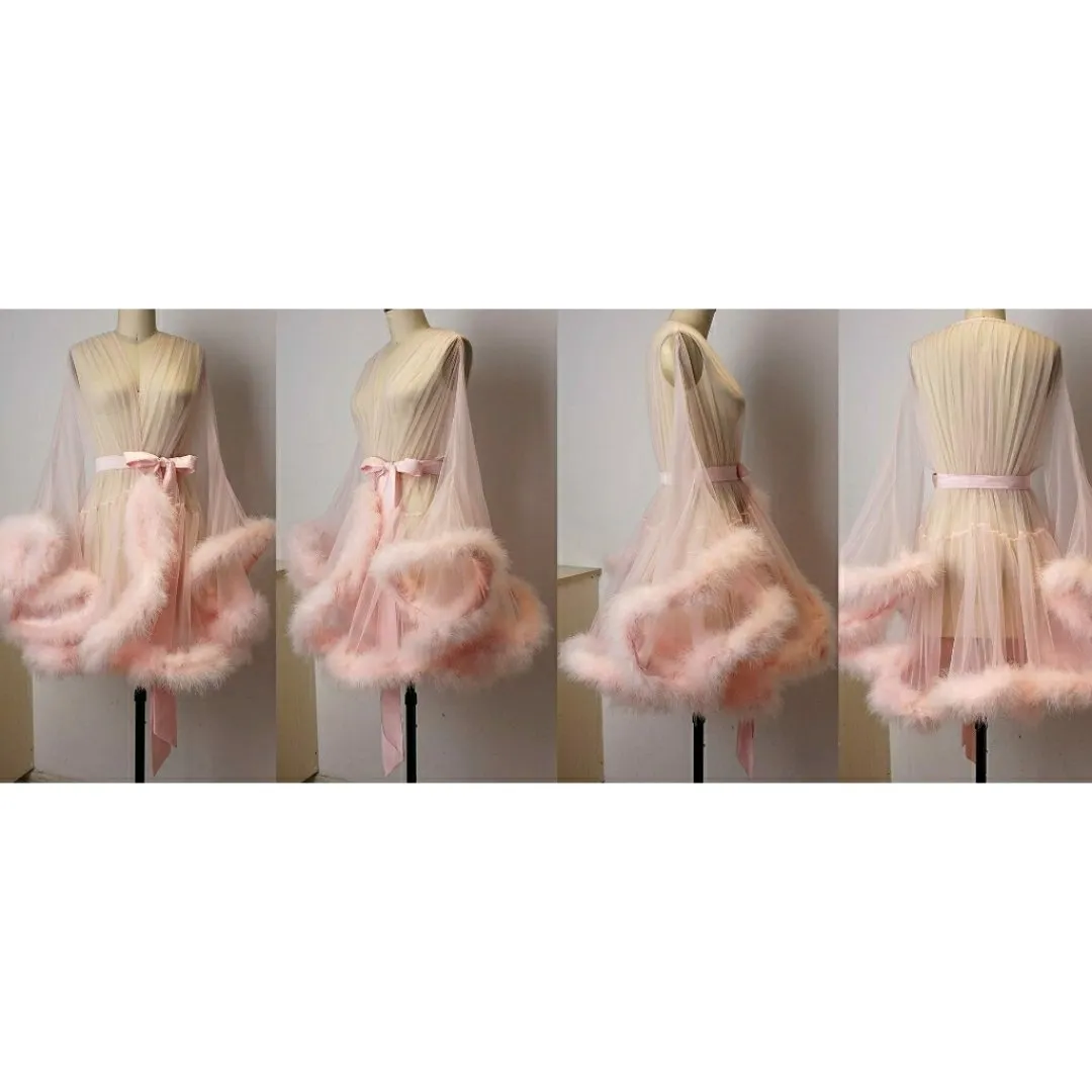 "Night In" (15  Colors) Sheer Mini Fluffy Feather Robe