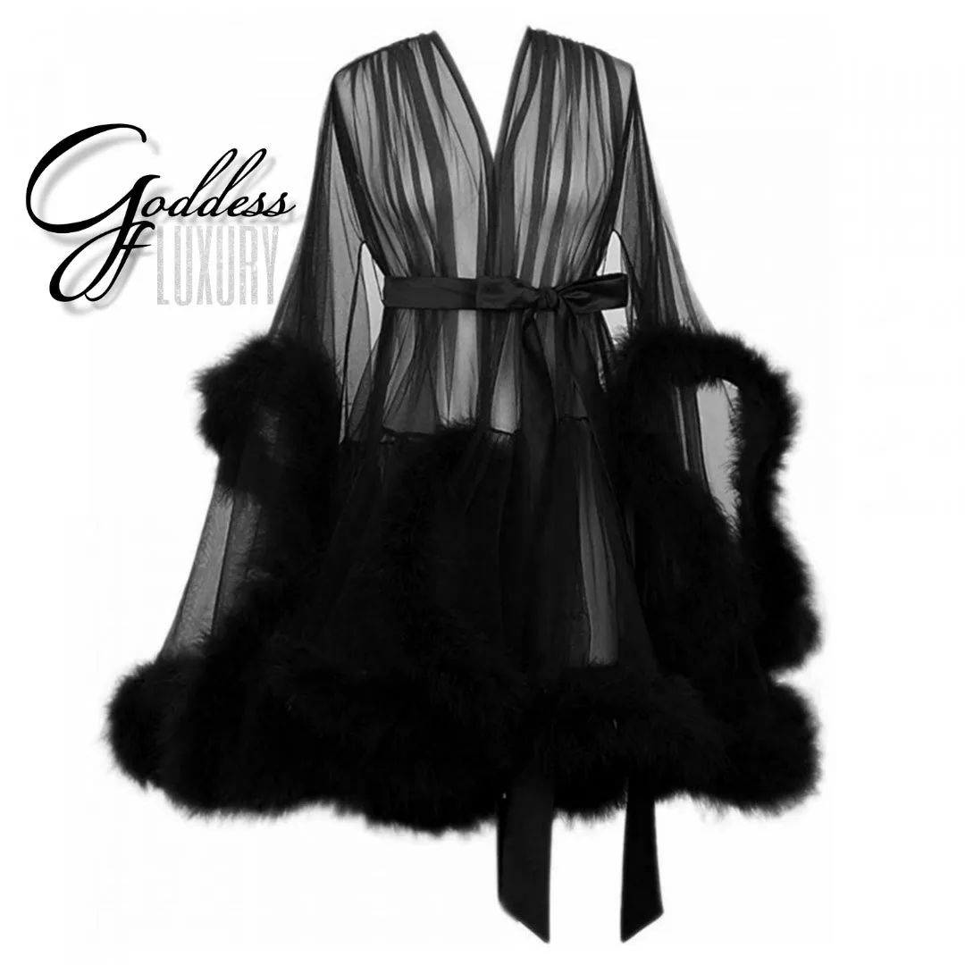 "Night In" (15  Colors) Sheer Mini Fluffy Feather Robe