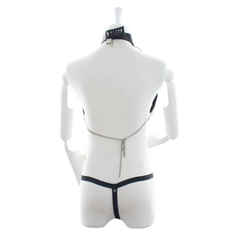 "Ripple" - Fetish Collar Bondage With Metal Chains Thong PU Leather Strappy Harness