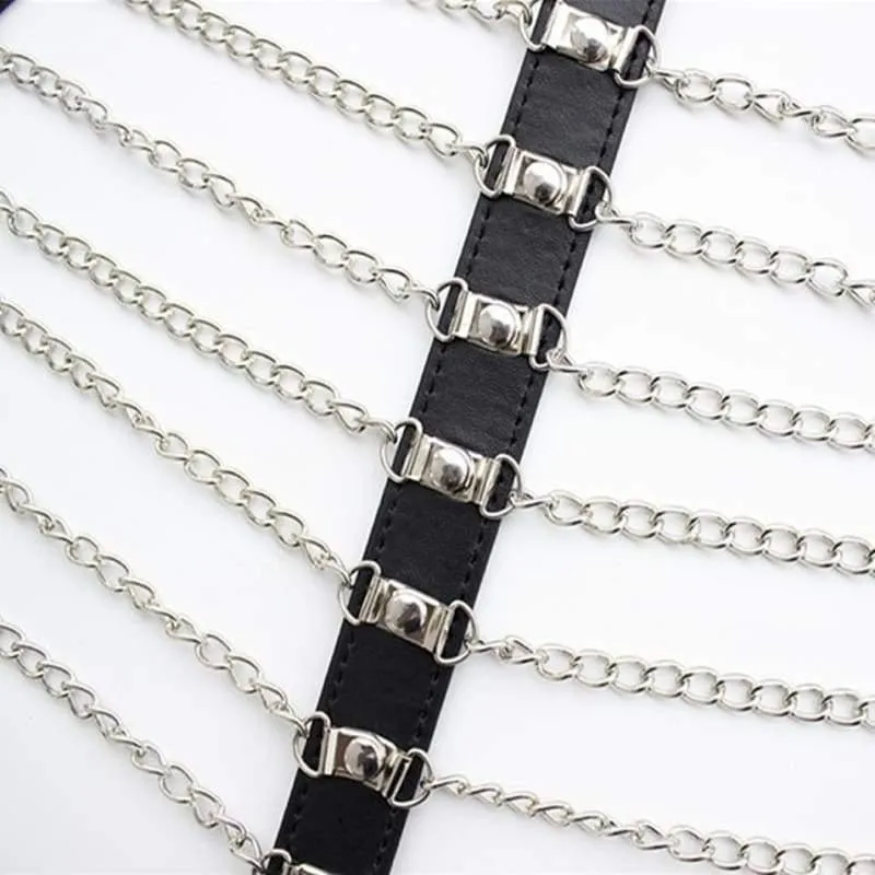 "Ripple" - Fetish Collar Bondage With Metal Chains Thong PU Leather Strappy Harness