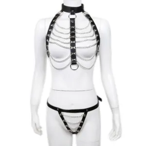 "Ripple" - Fetish Collar Bondage With Metal Chains Thong PU Leather Strappy Harness
