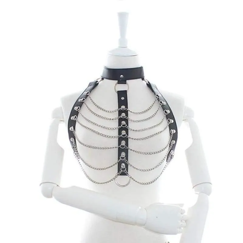 "Ripple" - Fetish Collar Bondage With Metal Chains Thong PU Leather Strappy Harness