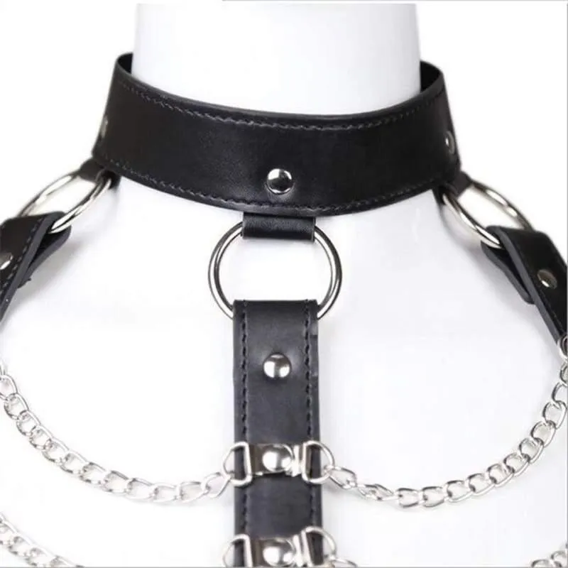 "Ripple" - Fetish Collar Bondage With Metal Chains Thong PU Leather Strappy Harness