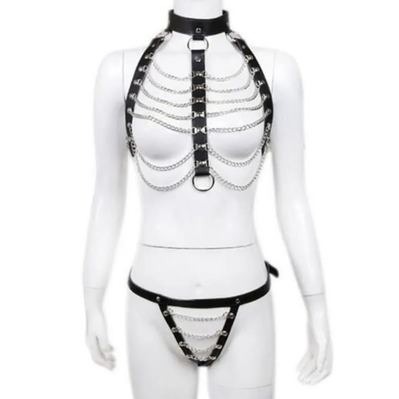 "Ripple" - Fetish Collar Bondage With Metal Chains Thong PU Leather Strappy Harness