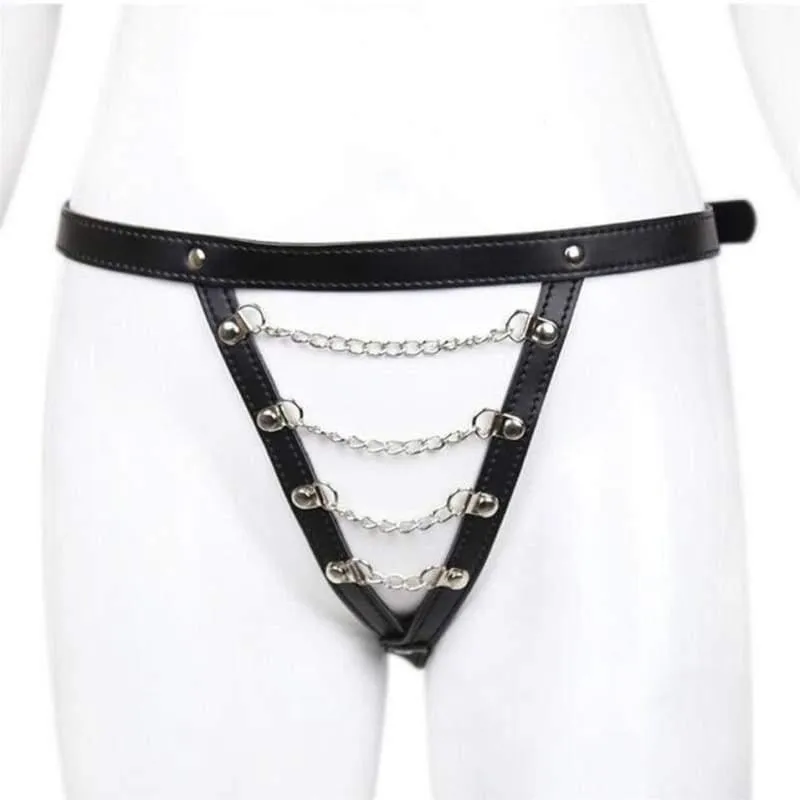 "Ripple" - Fetish Collar Bondage With Metal Chains Thong PU Leather Strappy Harness