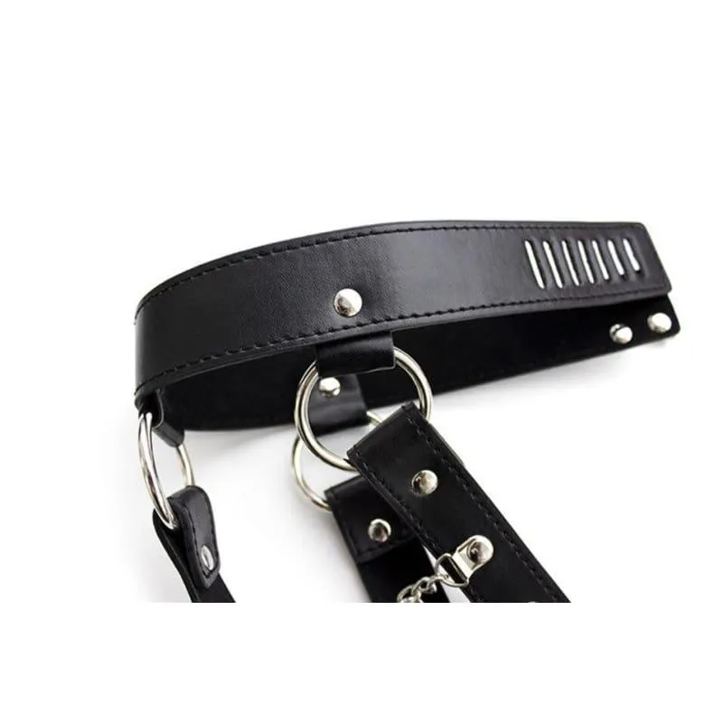 "Ripple" - Fetish Collar Bondage With Metal Chains Thong PU Leather Strappy Harness
