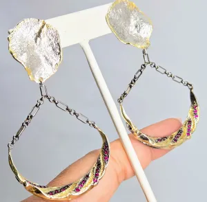 "Ruby Swings" 3" Earrings - Rubies, Anti-tarnish & Oxidized Sterling, 18k Gold