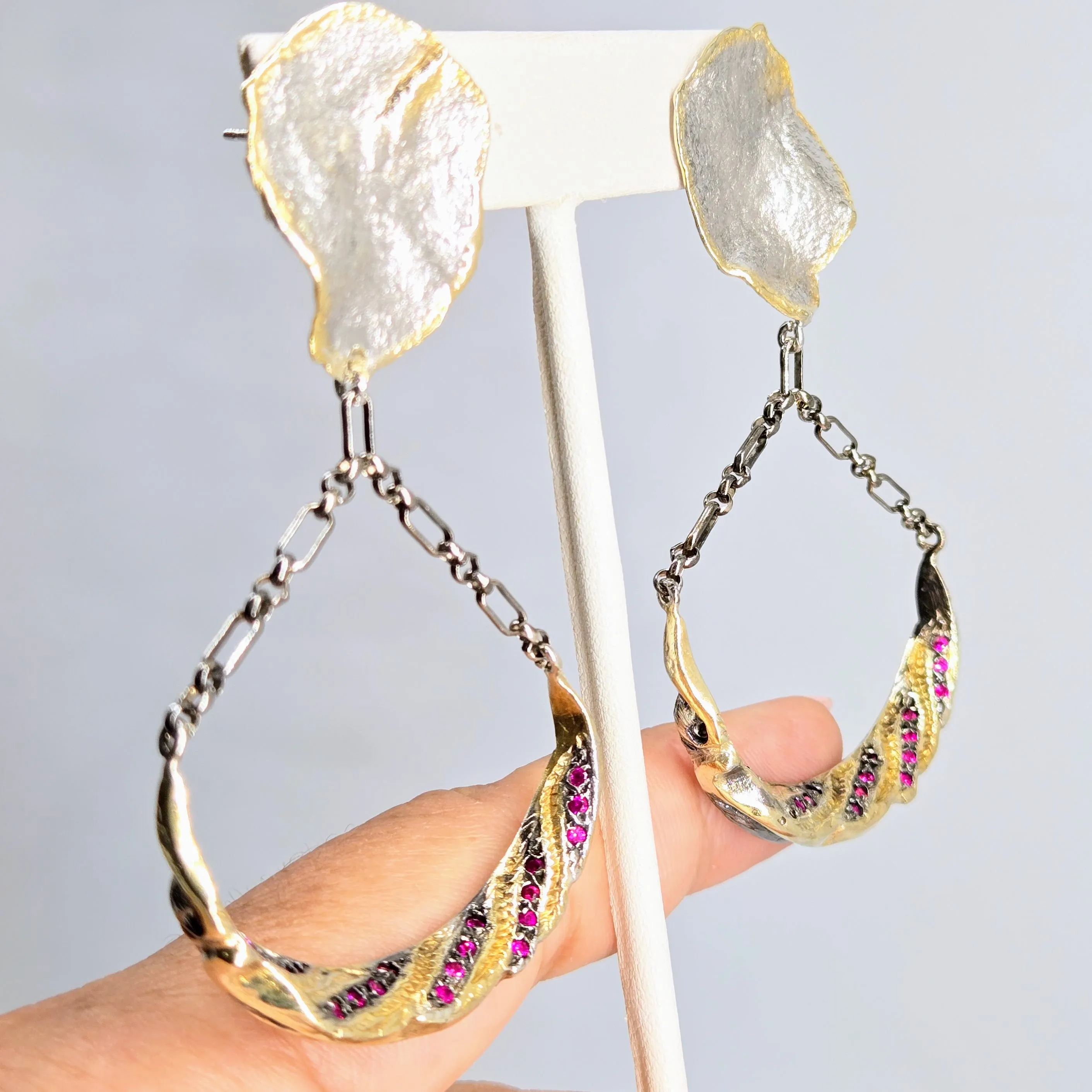 "Ruby Swings" 3" Earrings - Rubies, Anti-tarnish & Oxidized Sterling, 18k Gold