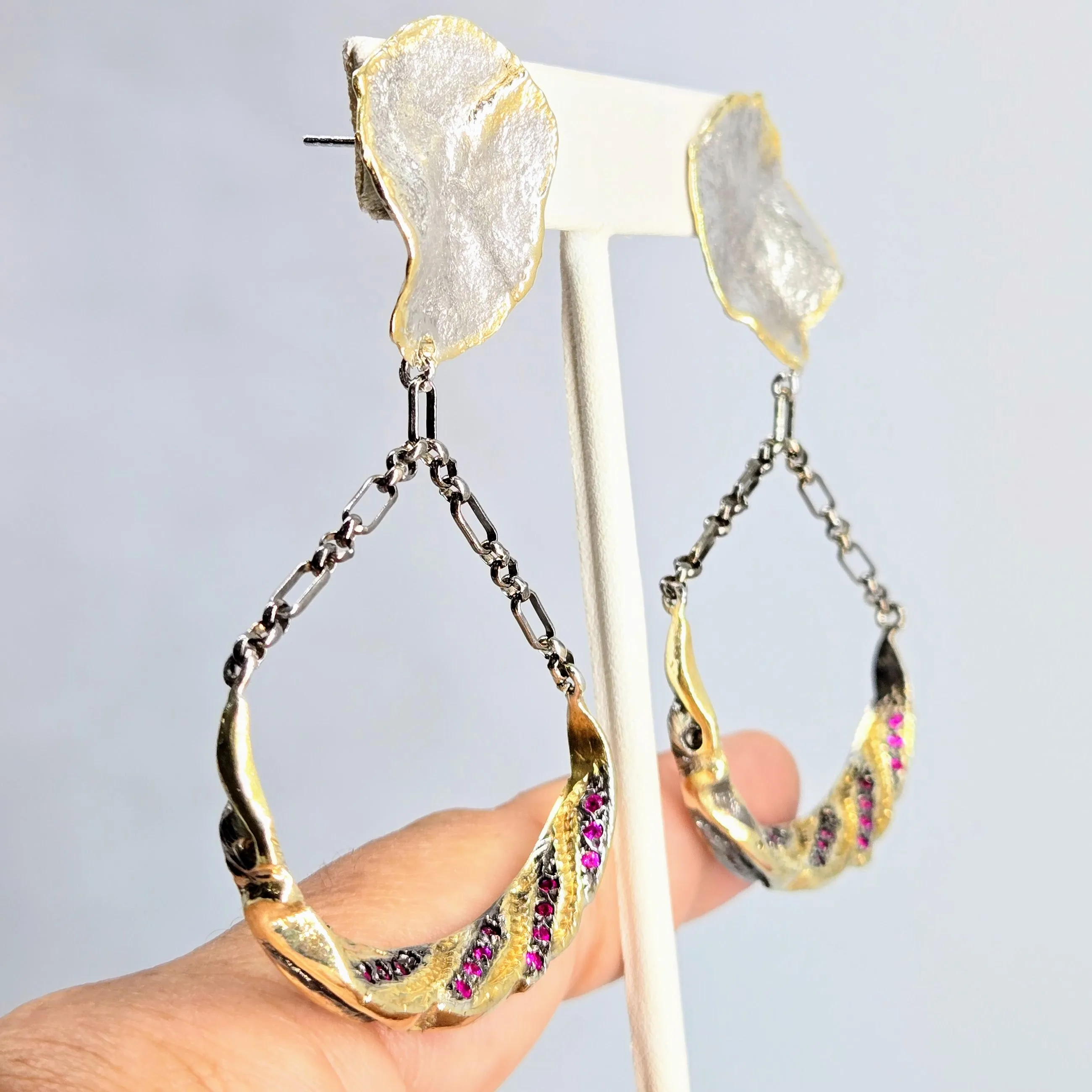 "Ruby Swings" 3" Earrings - Rubies, Anti-tarnish & Oxidized Sterling, 18k Gold