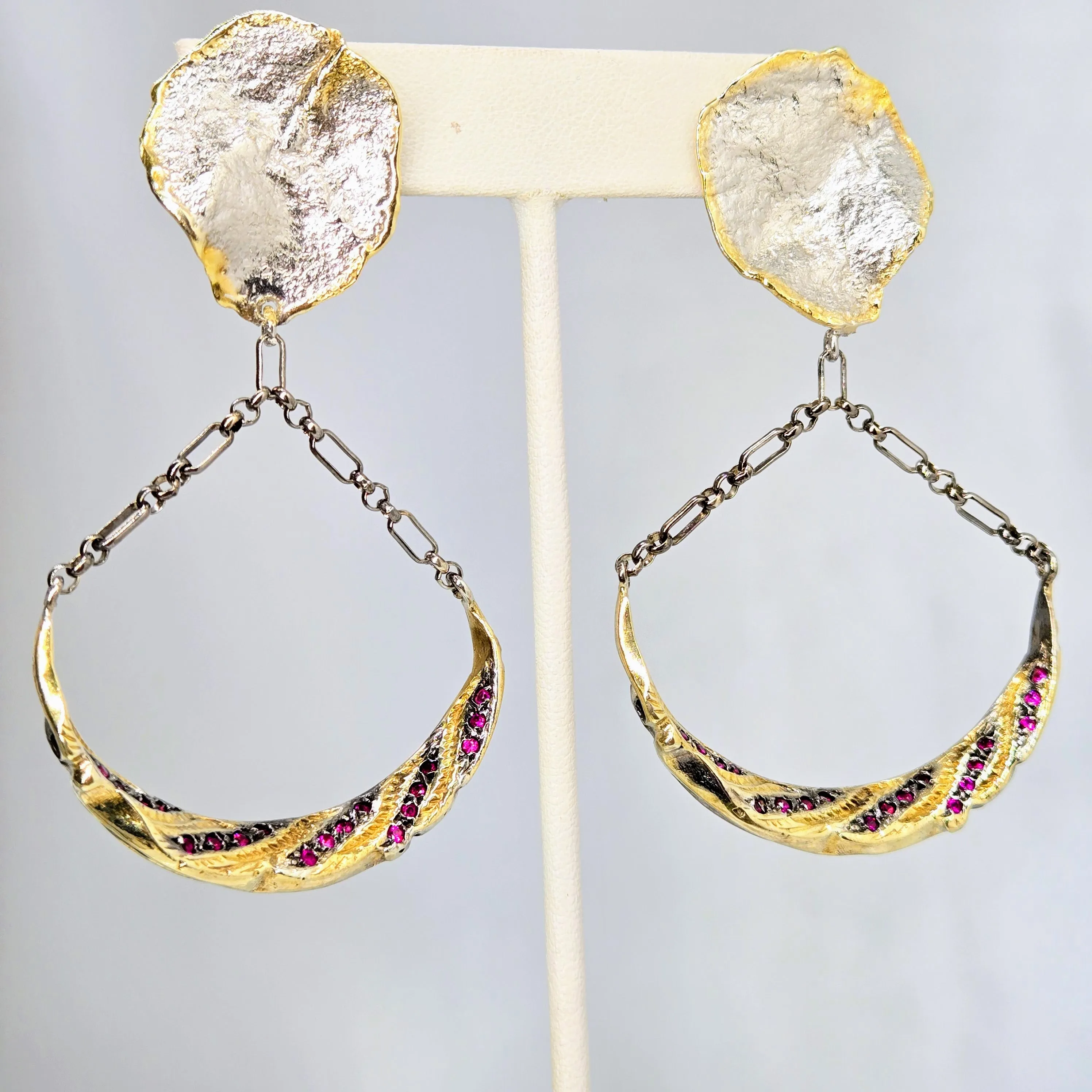 "Ruby Swings" 3" Earrings - Rubies, Anti-tarnish & Oxidized Sterling, 18k Gold
