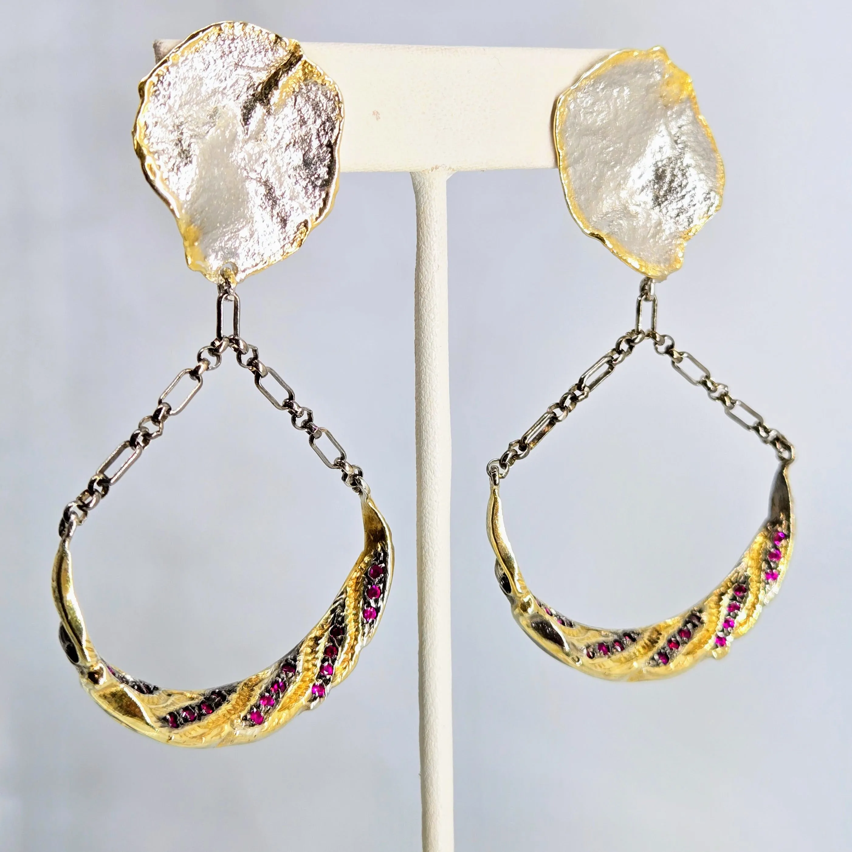 "Ruby Swings" 3" Earrings - Rubies, Anti-tarnish & Oxidized Sterling, 18k Gold