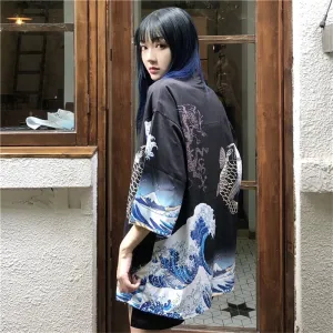 "UKIYO-E WAVES PRINTING" SUN PROTECTION KIMONO K100303