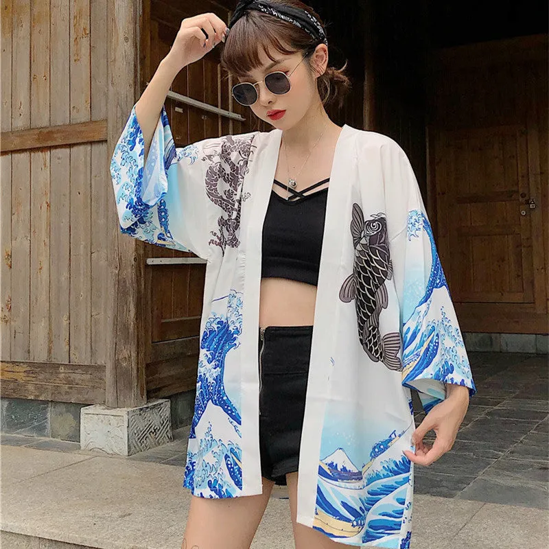 "UKIYO-E WAVES PRINTING" SUN PROTECTION KIMONO K100303