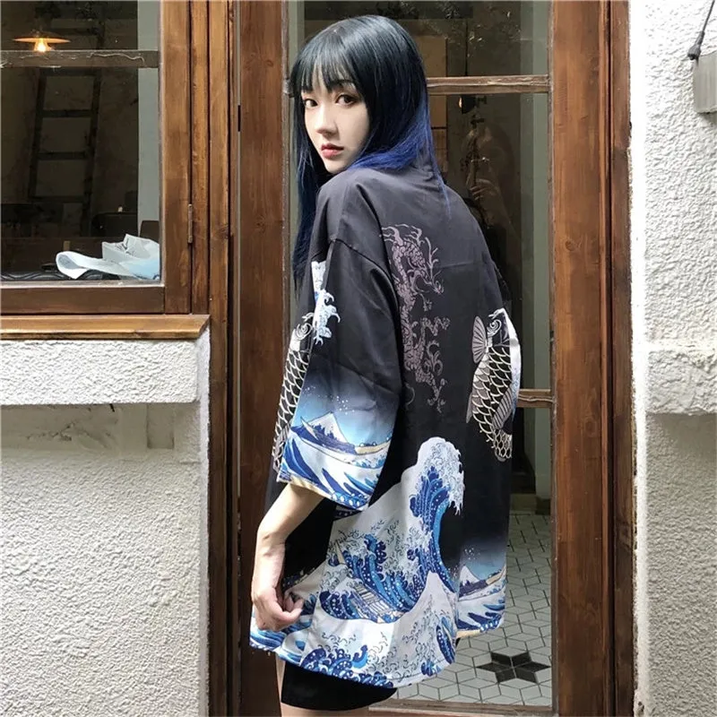 "UKIYO-E WAVES PRINTING" SUN PROTECTION KIMONO K100303