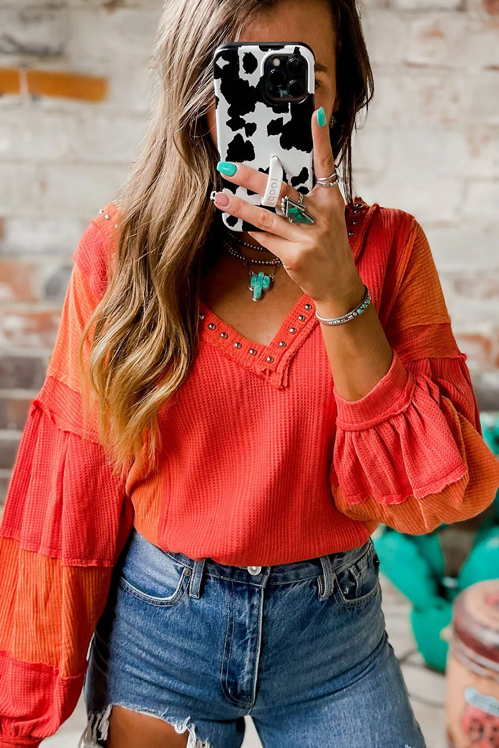 Red Studded V Neckline Seamed Textured Knit Top