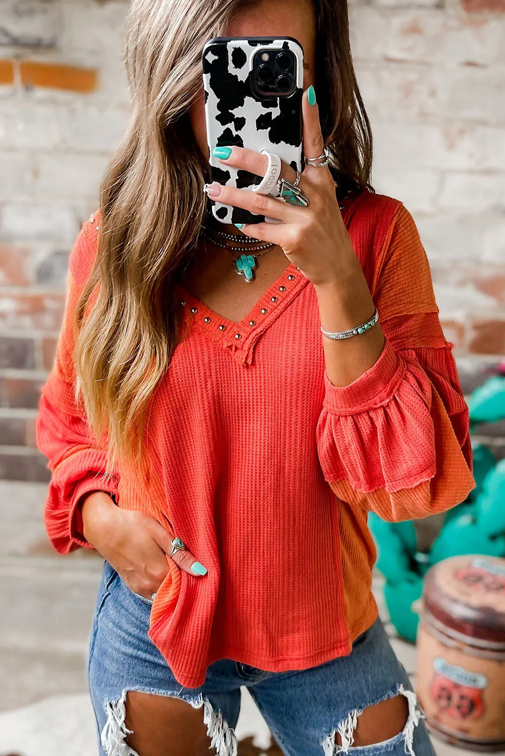 Red Studded V Neckline Seamed Textured Knit Top