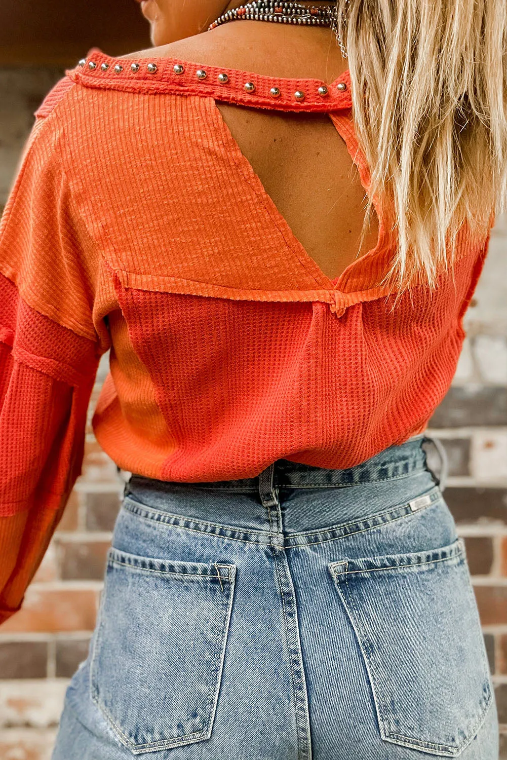 Red Studded V Neckline Seamed Textured Knit Top