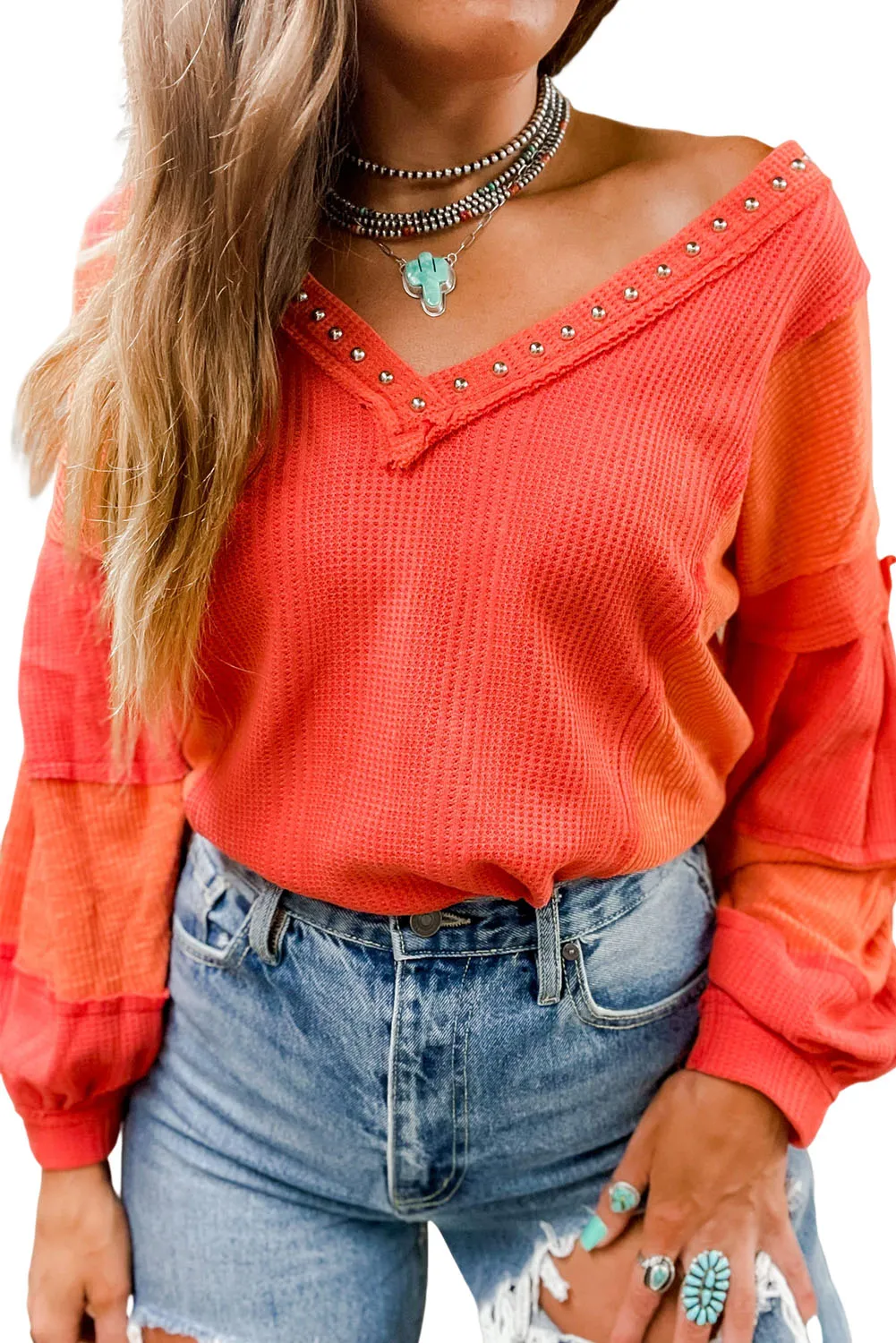 Red Studded V Neckline Seamed Textured Knit Top