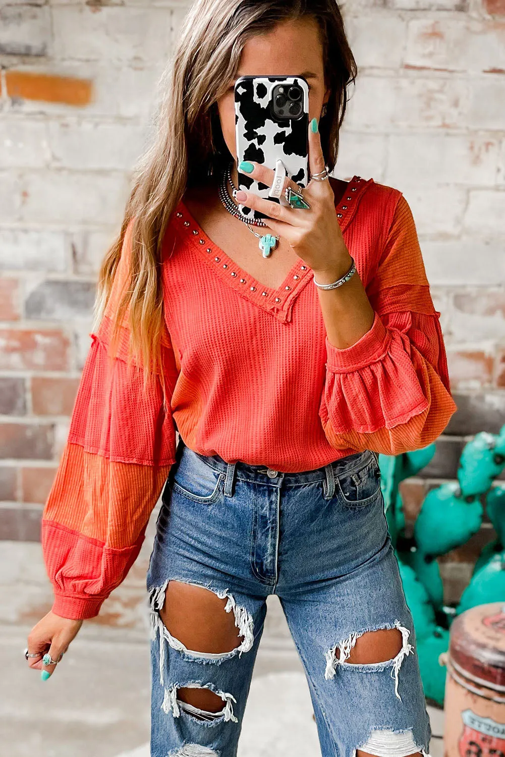 Red Studded V Neckline Seamed Textured Knit Top
