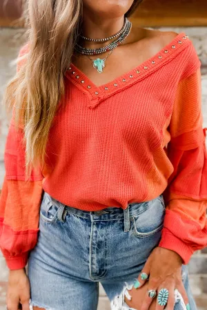 Red Studded V Neckline Seamed Textured Knit Top